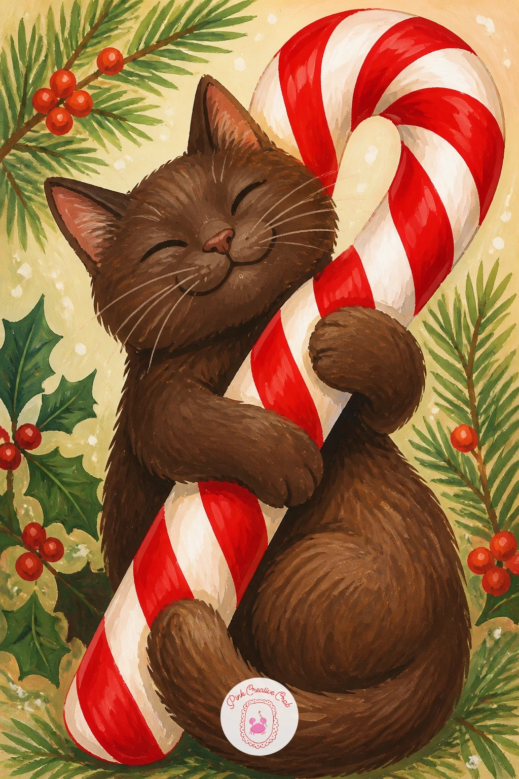 Cat Hugging a Giant Candy Cane — Close out the list with a cat hugging a giant candy cane, wrapped around a candy cane taller than itself with both front paws