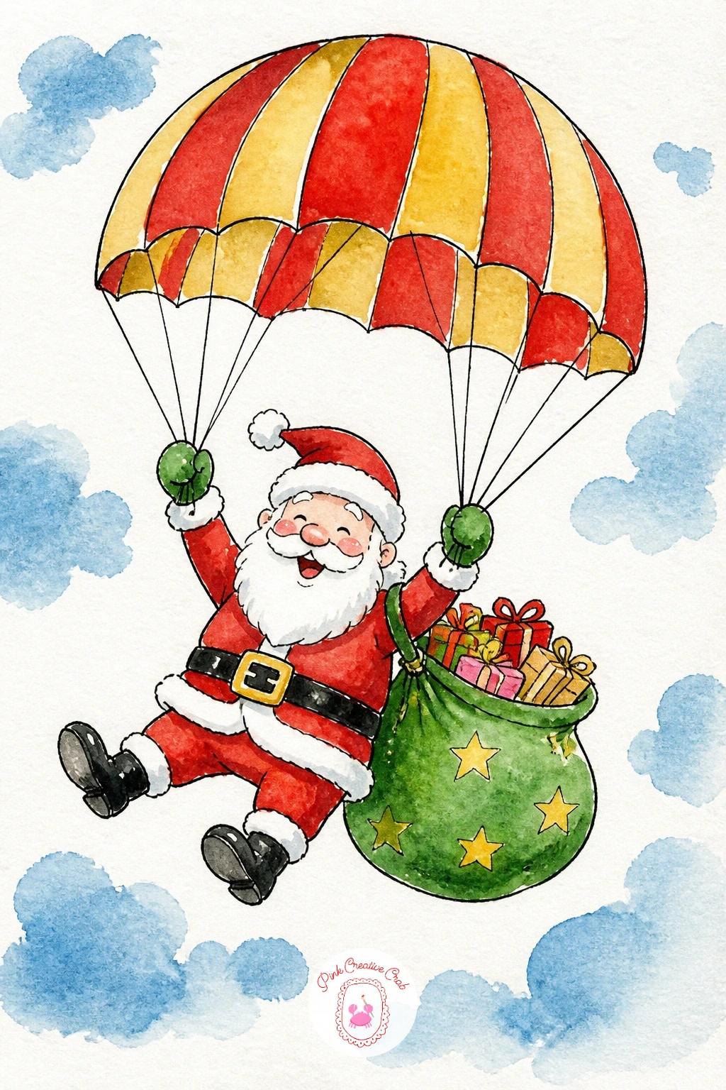 Santa Parachuting With Gift Bag — Start the whole set with Santa mid-air, parachute billowing above him and a lumpy sack of presents swinging from one hand.