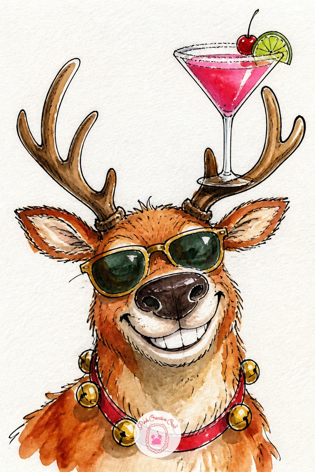 Reindeer With Cocktail On Antlers — Keep the fun going with a reindeer balancing a tiny cocktail glass on one antler branch, sunglasses optional but