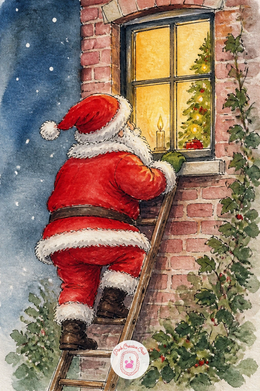 Santa Climbing A Ladder Into A Window — Santa climbing a wonky ladder into a lit window makes a great vertical composition if your page is tall rather than