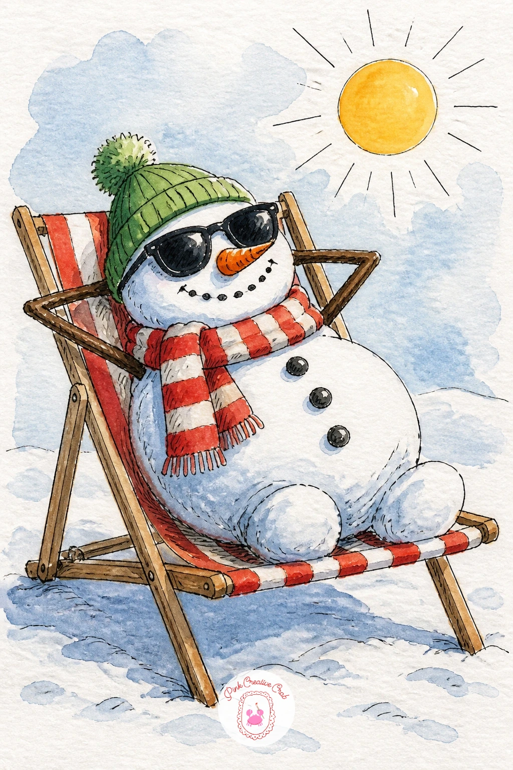 Snowman Sunbathing On A Deck Chair — Flip the season entirely with a snowman stretched out on a striped deck chair, sunglasses on, melting slightly in the snow