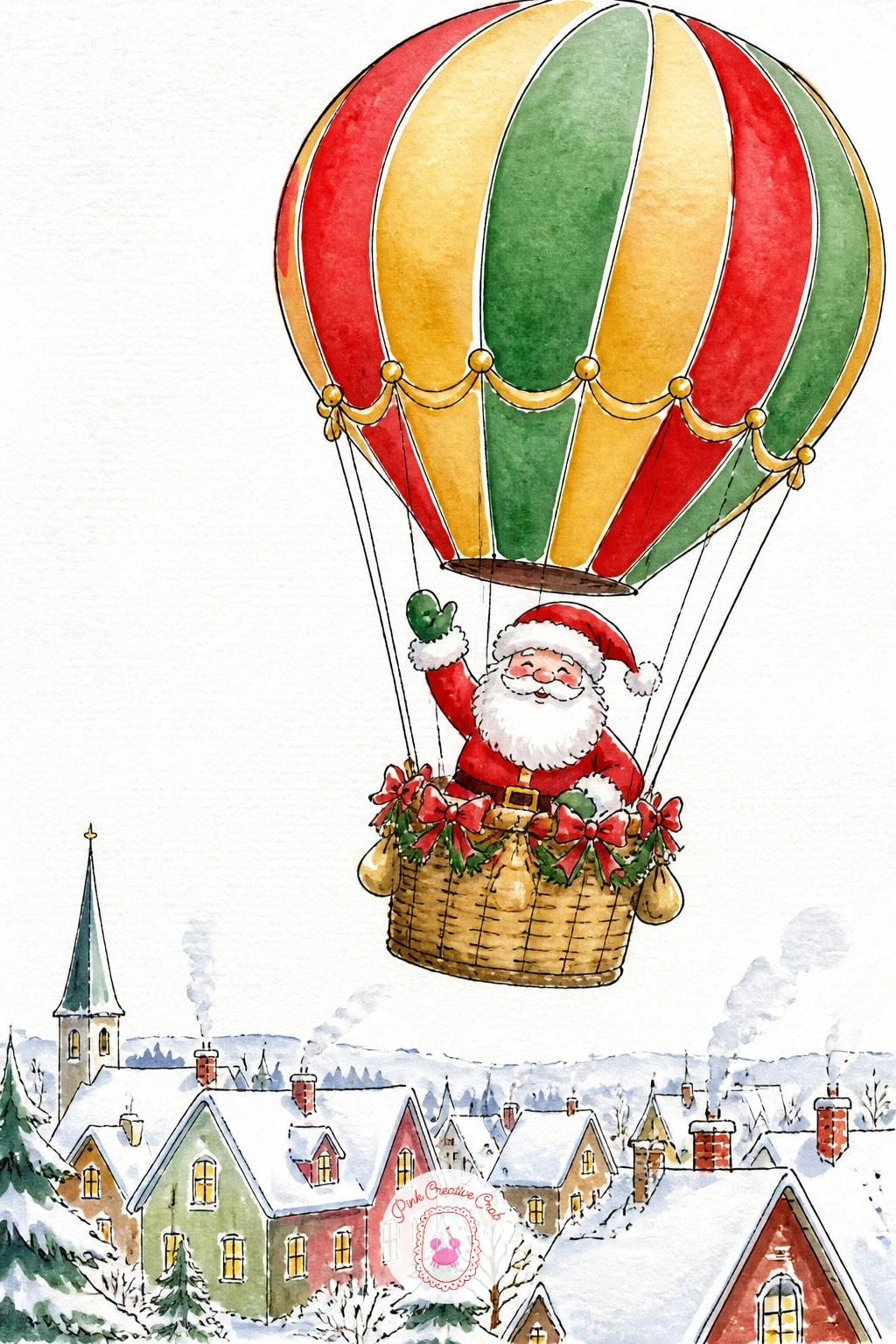 Santa In A Hot Air Balloon — Give Santa a bird's eye ride in a hot air balloon drifting over a row of snowy rooftop triangles. Christmas illustration watercolor