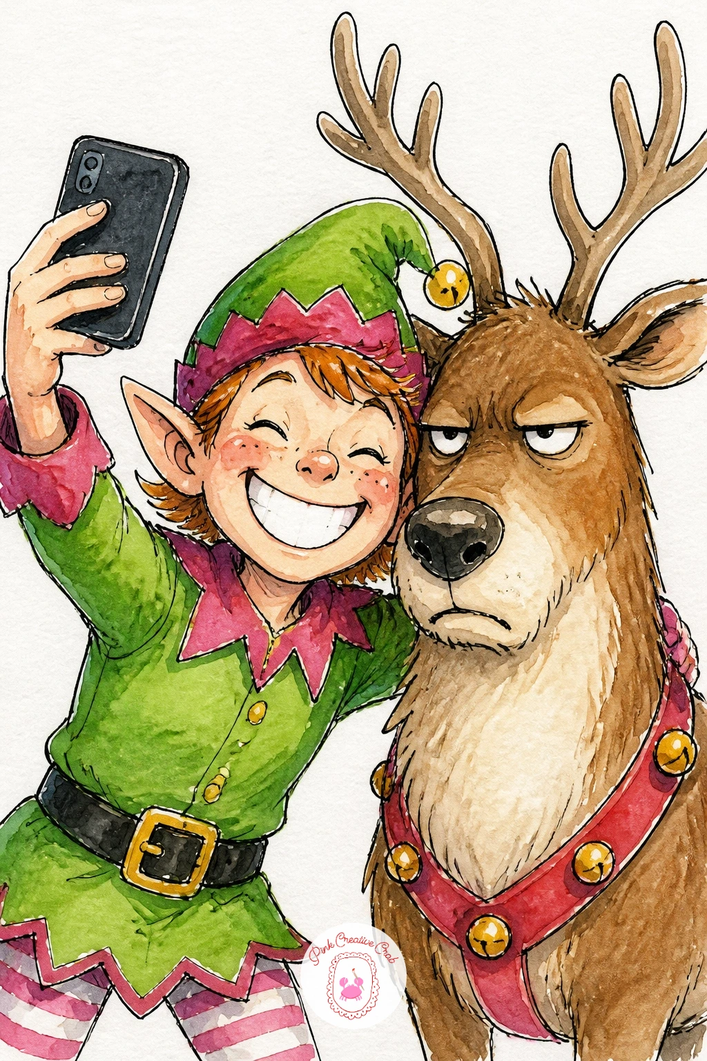 Elf Taking A Selfie With A Reindeer — Capture an elf holding up a phone for a selfie with a very unimpressed reindeer squeezed into frame beside him. Christmas
