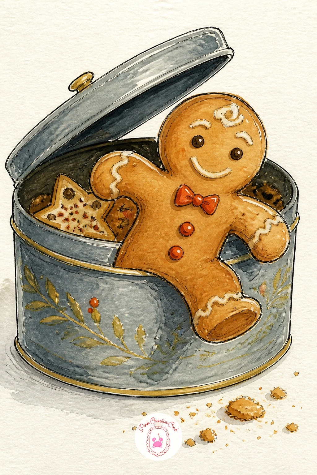 Gingerbread Man Escaping A Cookie Tin — Give a gingerbread man one leg over the rim of an open cookie tin, mid-escape, icing smile slightly smug. Christmas