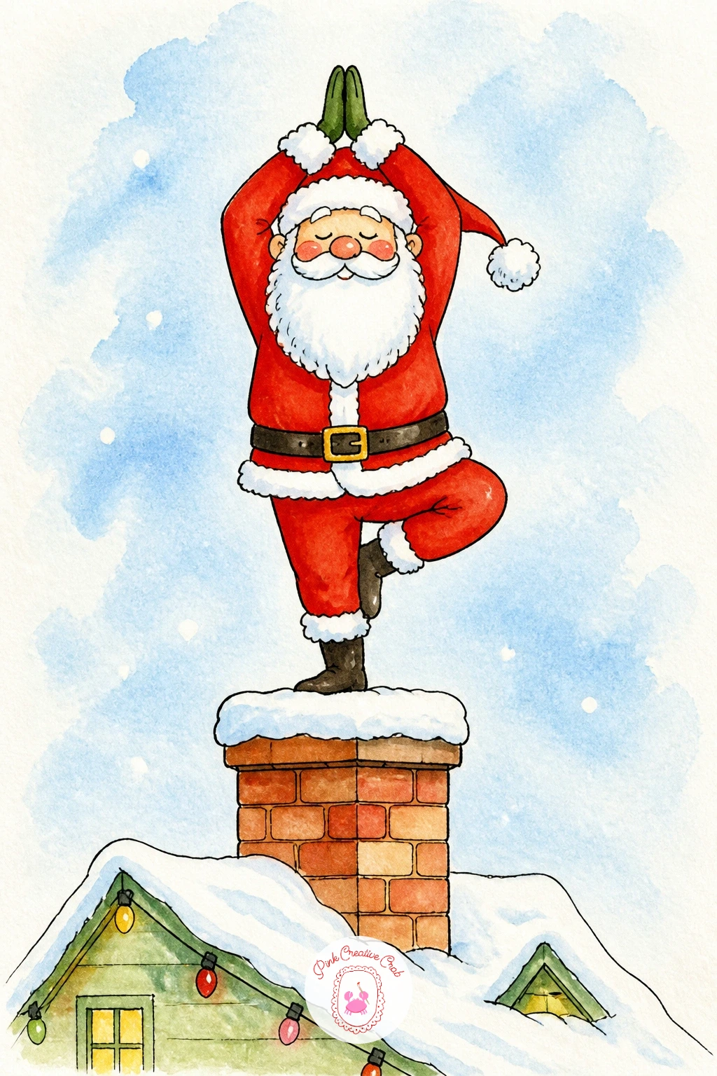 Santa Doing Yoga On A Rooftop — Balance Santa in a wobbly tree pose on a chimney top, arms raised, belt slightly undone from the stretch. Christmas