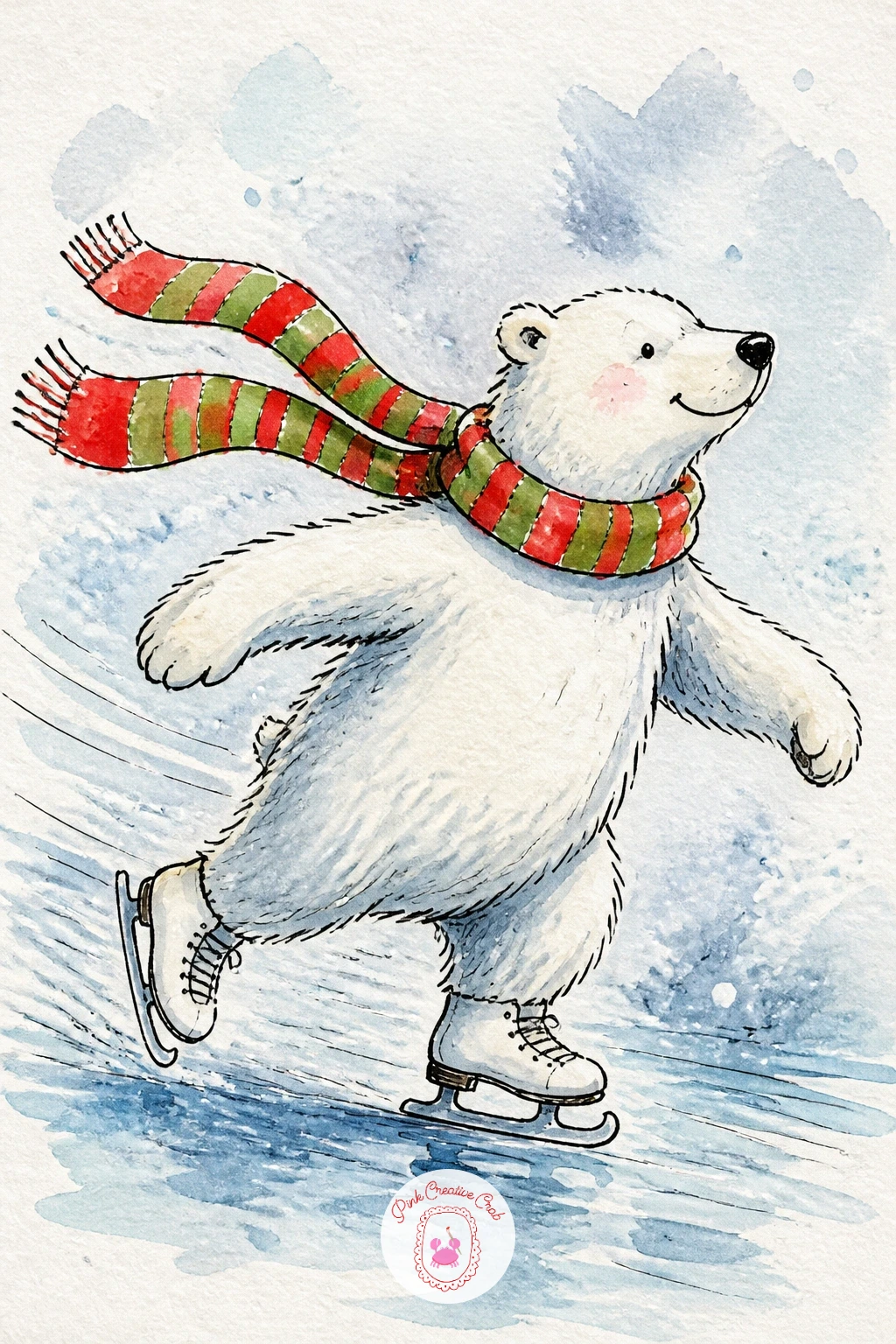 Polar Bear Ice Skating With A Scarf — Carry on with a polar bear mid-glide on ice, one leg kicked back, a long striped scarf flying behind. Christmas