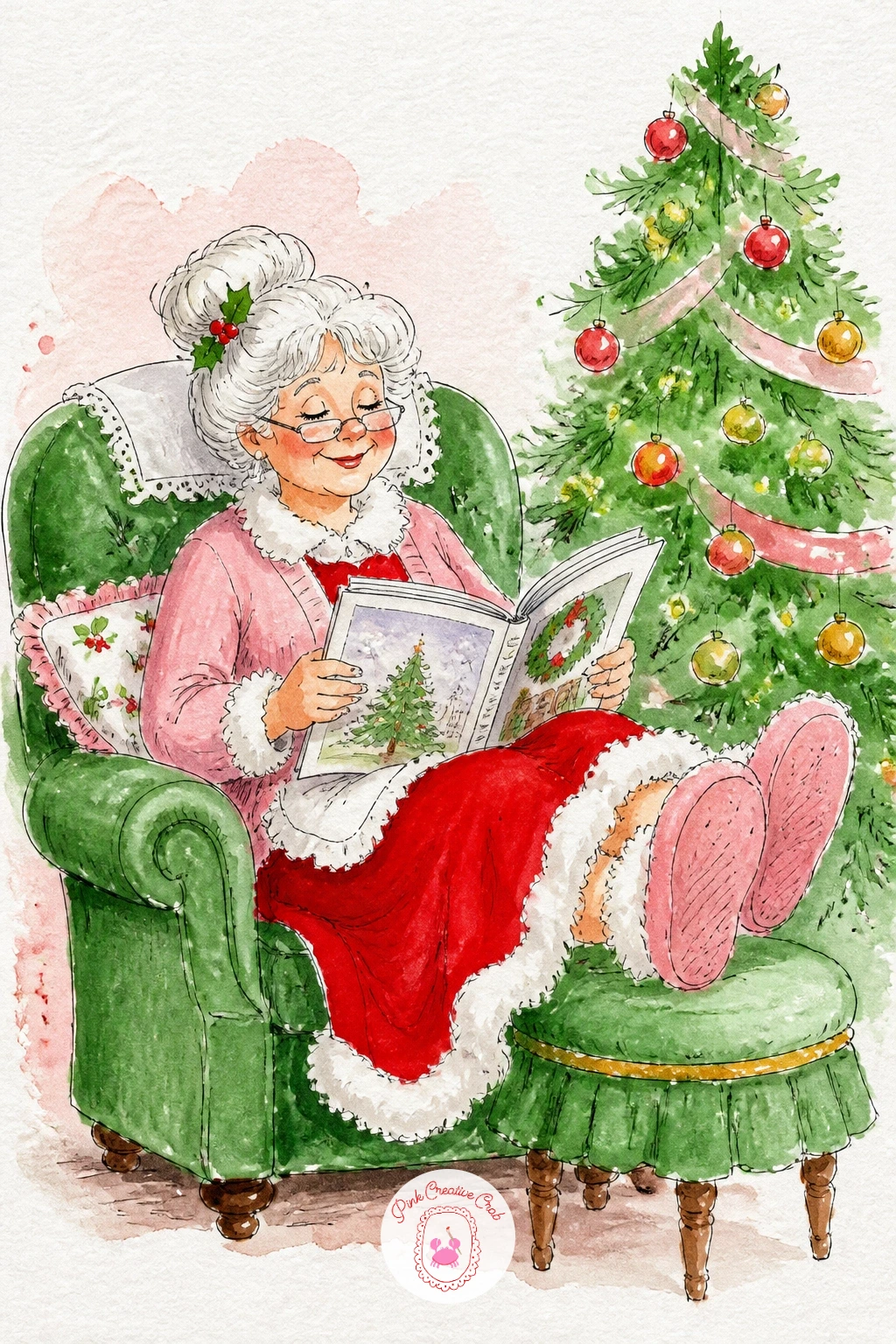 Mrs Claus Reading With Feet Up — Give Mrs Claus a well earned break, curled in an armchair with a magazine, slippers on, feet propped on a small stool.