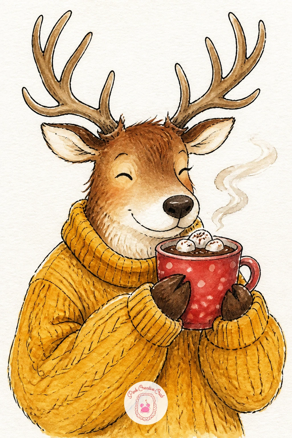 Reindeer In A Knitted Sweater Sipping Cocoa — Cosy things up with a reindeer in an oversized knitted sweater, both front hooves wrapped around a steaming mug