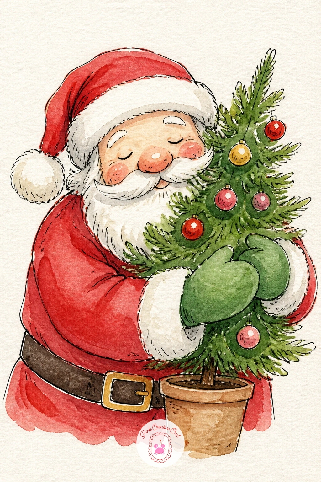 Santa Hugging A Christmas Tree — Move to something sweeter with Santa wrapped in a full bear hug around a small potted Christmas tree, cheek pressed against