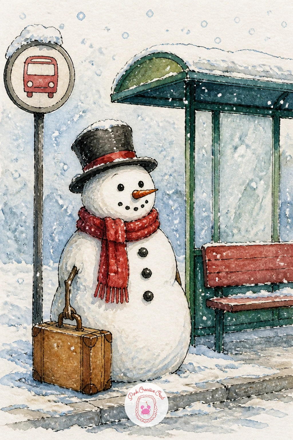 Snowman At A Bus Stop With A Suitcase — Place a snowman standing patiently at a bus stop sign, small suitcase by his feet, off on some mysterious winter