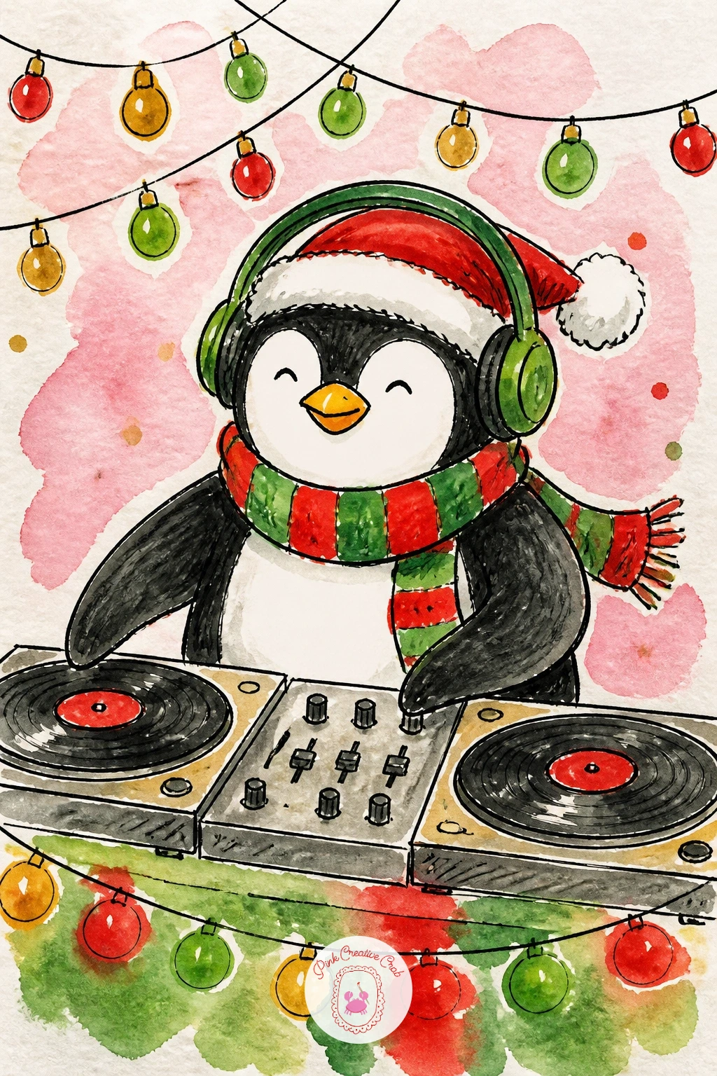 Penguin DJ At A Holiday Party — Bring in a penguin behind turntables, headphones half on one ear, flippers mid-spin on the decks. Christmas illustration