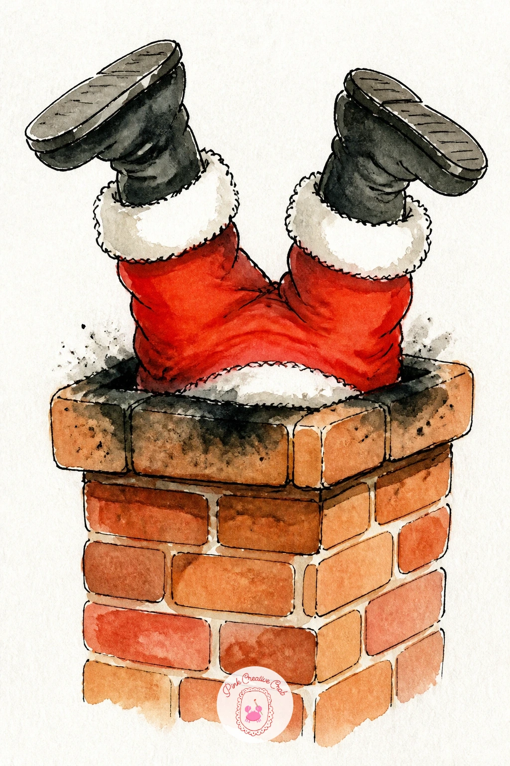 Santa Stuck In A Chimney — Only Santa's boots and a scattering of soot show above a brick chimney top, the rest of him comically wedged below. Christmas