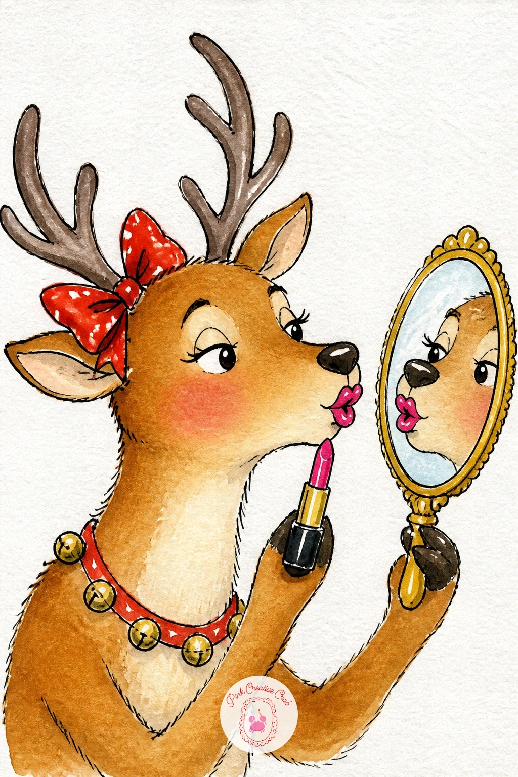 Reindeer Trying On Lipstick In A Mirror — Catch a reindeer leaning toward a small hand mirror, lipstick held up to pucker lips that were never quite built for
