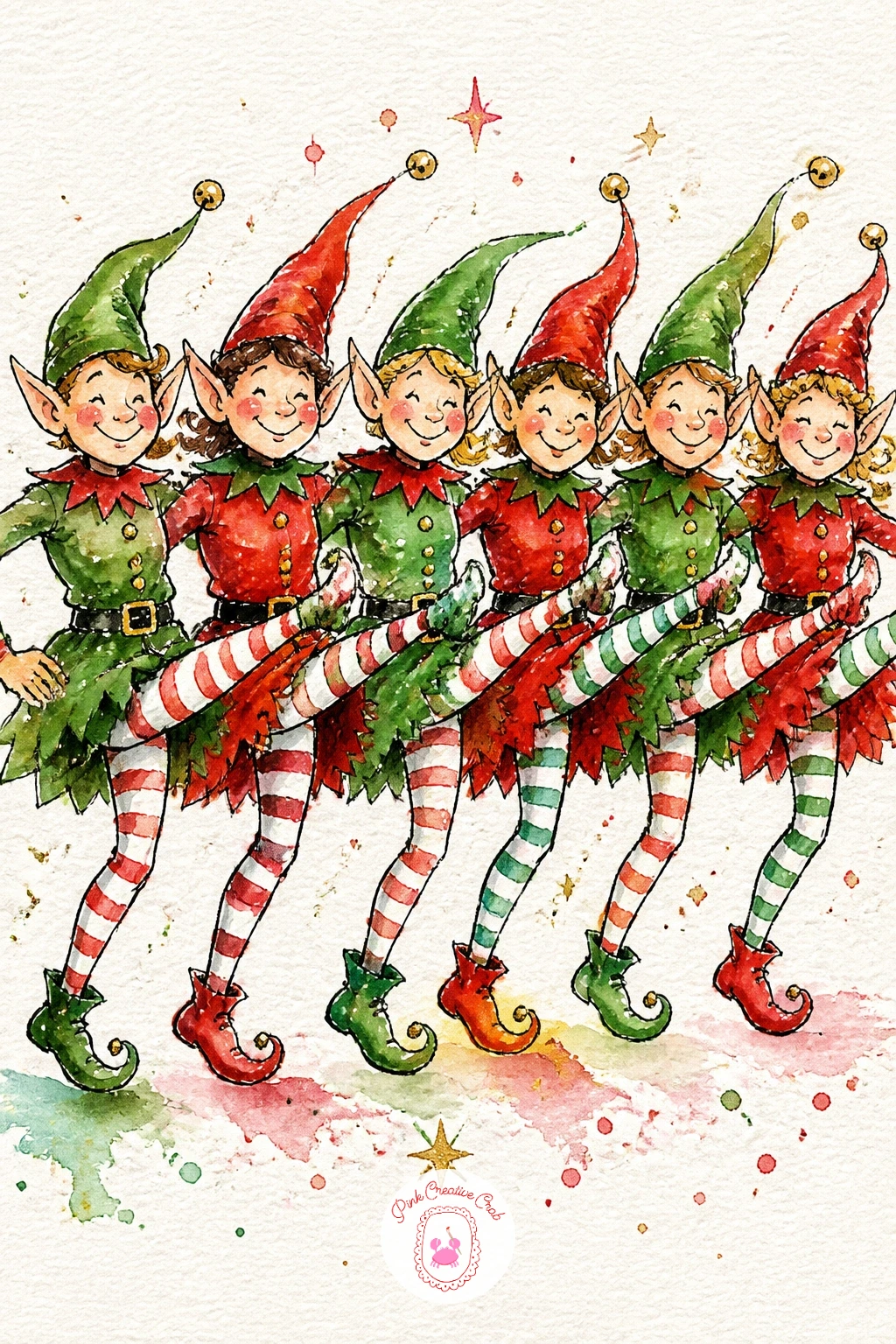 Elves Dancing A Cancan Line — Line up a row of elves kicking their legs high in a cancan, pointed hats bouncing, all mid-laugh. Christmas illustration
