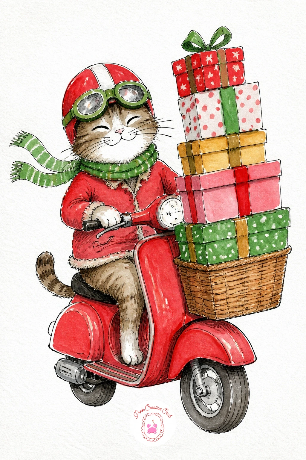 Cat Delivering Presents On A Scooter — Put a cat behind the handlebars of a tiny scooter, gift boxes stacked precariously in a basket on front. Christmas