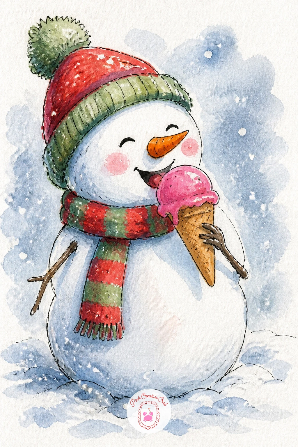 Snowman Holding An Ice Cream Cone — Bring back the seasonal mismatch joke with a snowman happily licking an ice cream cone in the middle of winter. Christmas