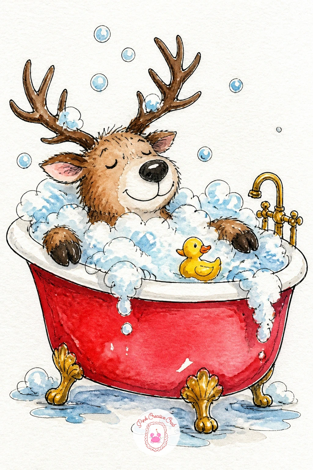 Reindeer Taking A Bubble Bath — Soak a reindeer up to its shoulders in a claw foot bathtub, antlers poking through a mountain of bubbles, rubber duck floating