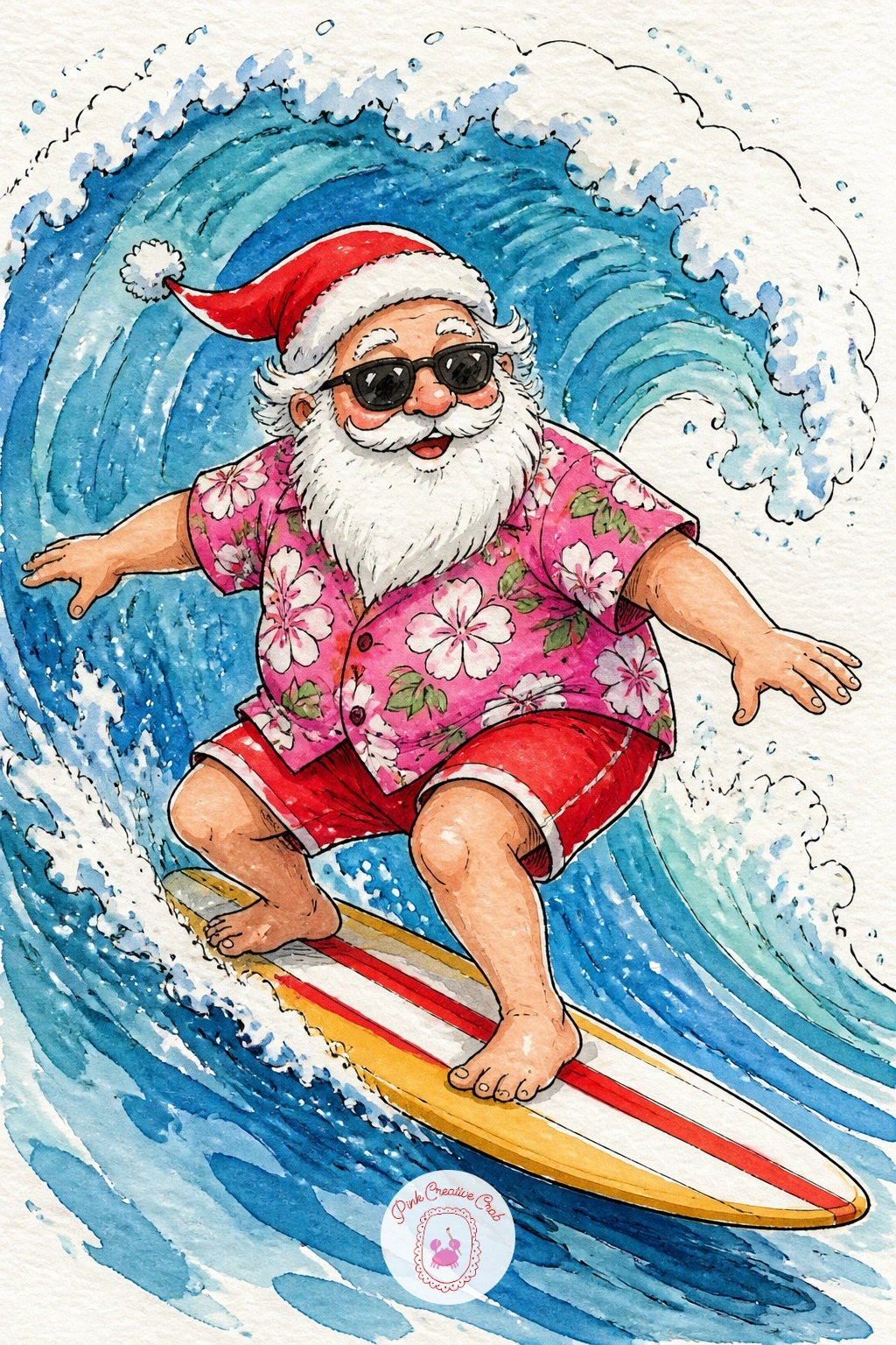 Santa On A Surfboard In Summer Clothes — Send Santa to the beach entirely out of season, Hawaiian shirt on, red shorts, riding a surfboard down a cartoon wave.