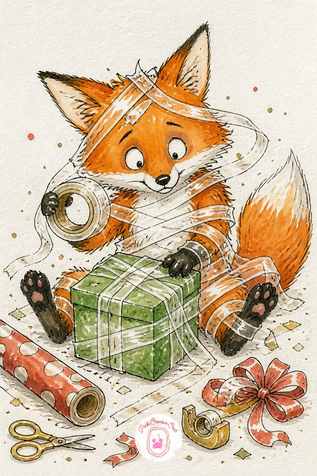 Fox Wrapping Gifts With Too Much Tape — Show a fox tangled in a ridiculous amount of sticky tape, gift half wrapped, paper crumpled, utterly defeated by the