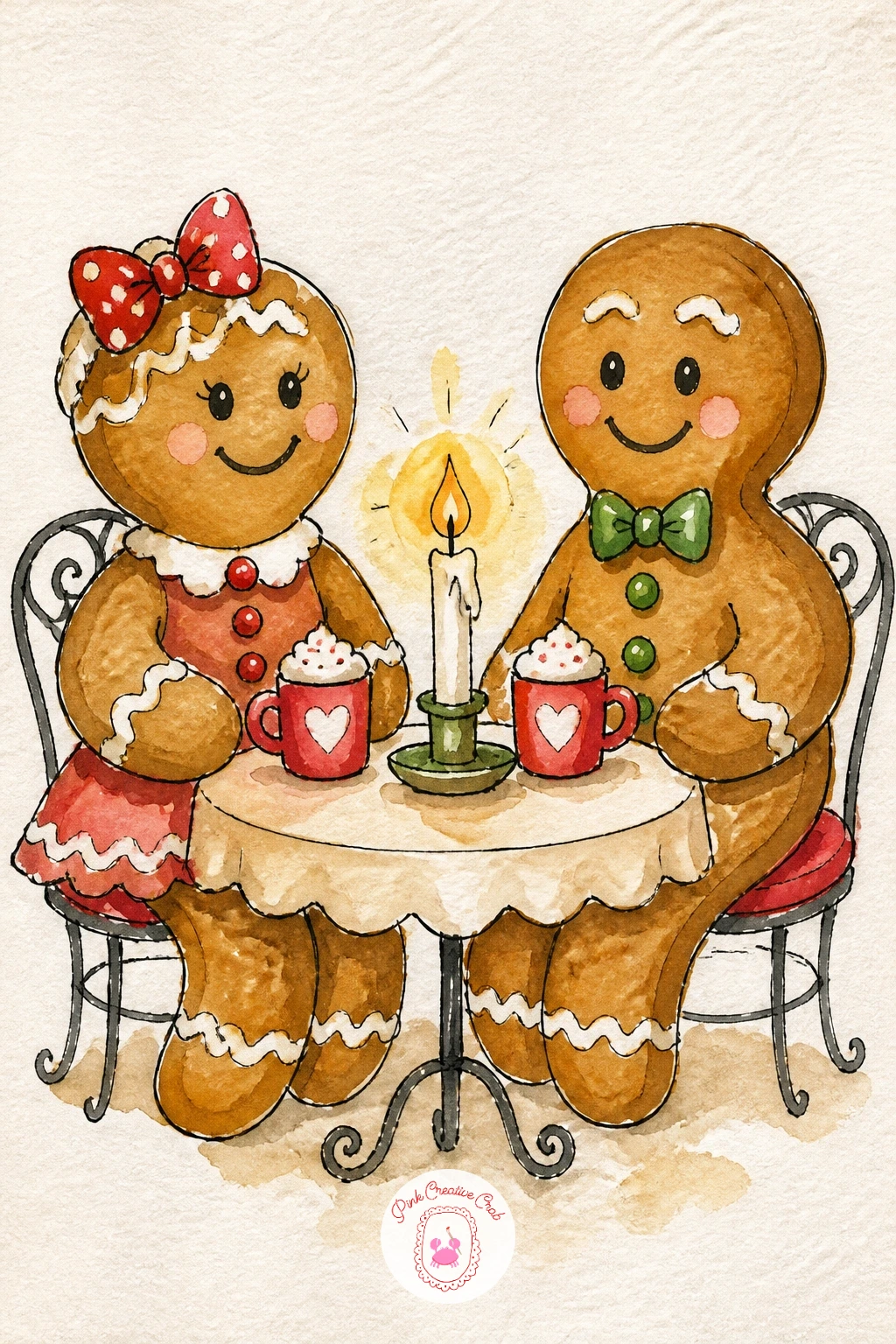 Gingerbread Couple On A Date — Seat two gingerbread figures across a tiny table from each other, candle between them, icing smiles a little shy. Christmas