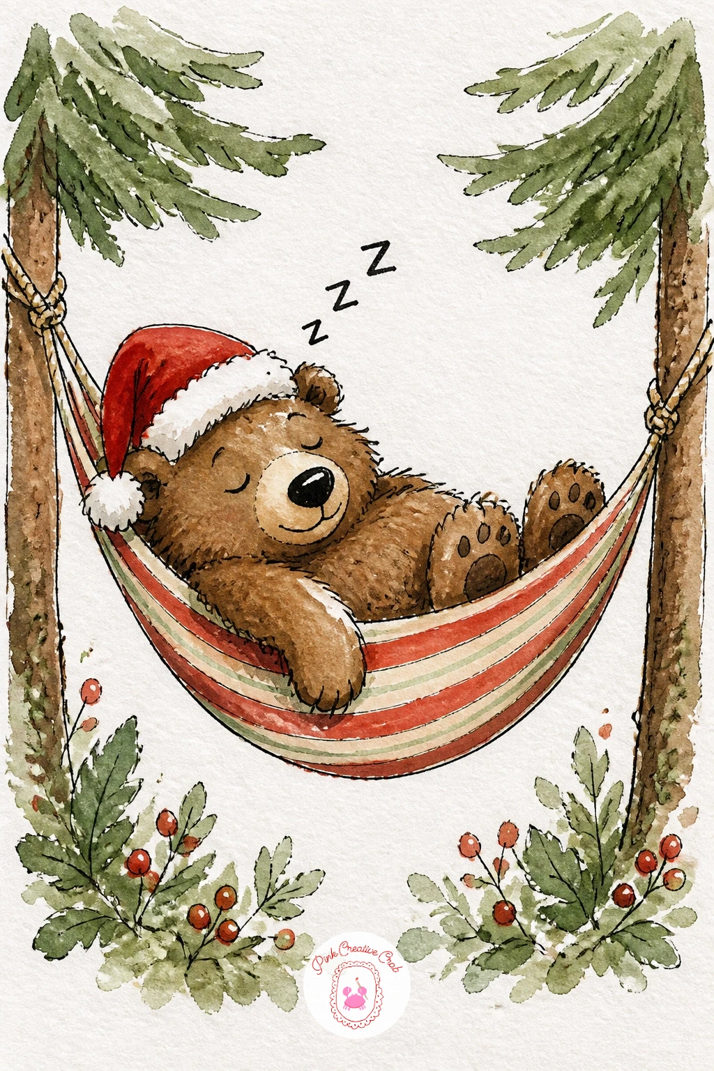 Bear In A Santa Hat Napping In A Hammock — Settle a sleepy bear into a hammock strung between two unseen points, Santa hat slipping down over one eye.