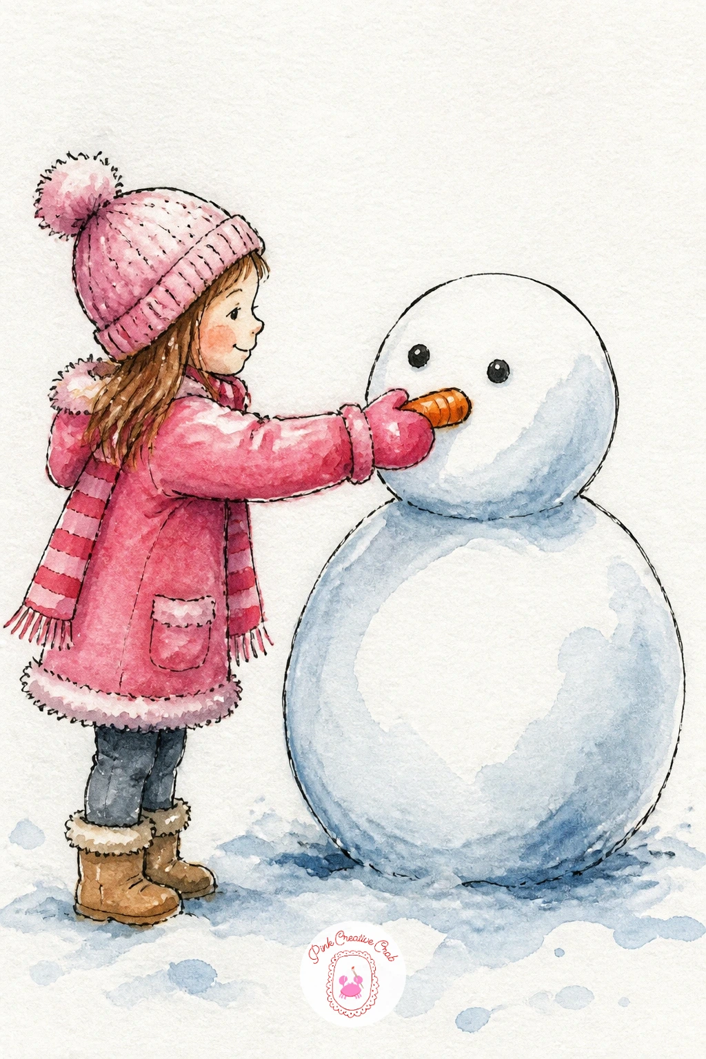 Snowman Getting A Carrot Nose From A Girl — Capture the small, sweet moment of a mittened hand pressing a carrot into a half finished snowman's face. Christmas