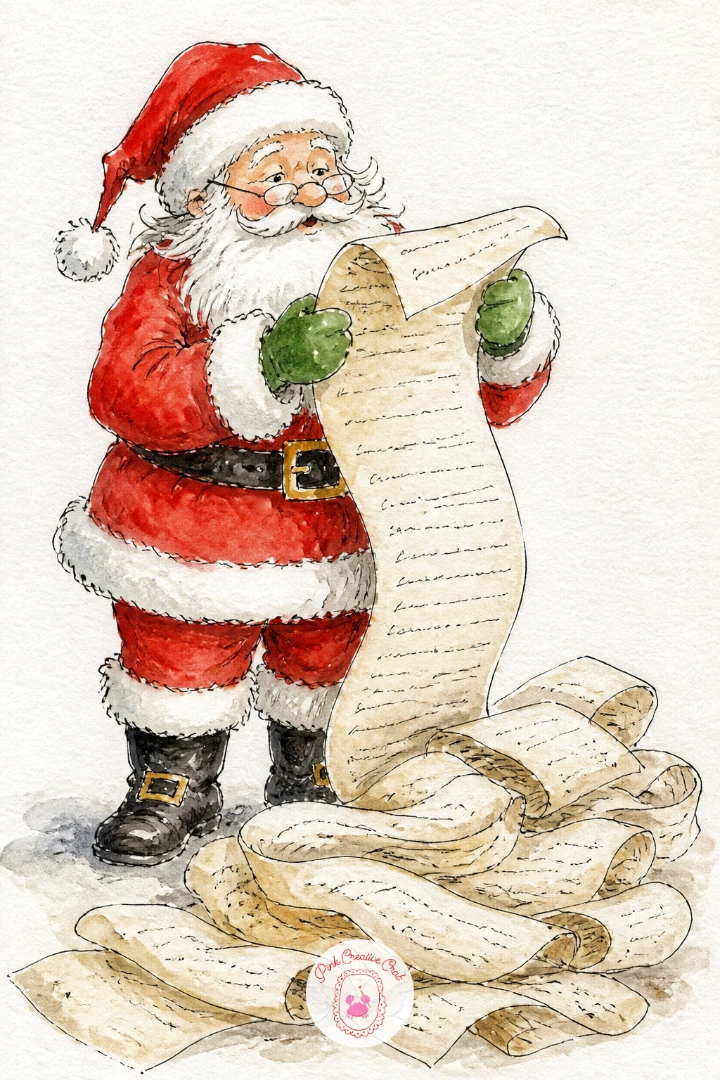 Santa Reading A Very Long Wish List — Let Santa sit with a wish list scroll so long it pools on the floor around his boots, reading glasses perched low on his