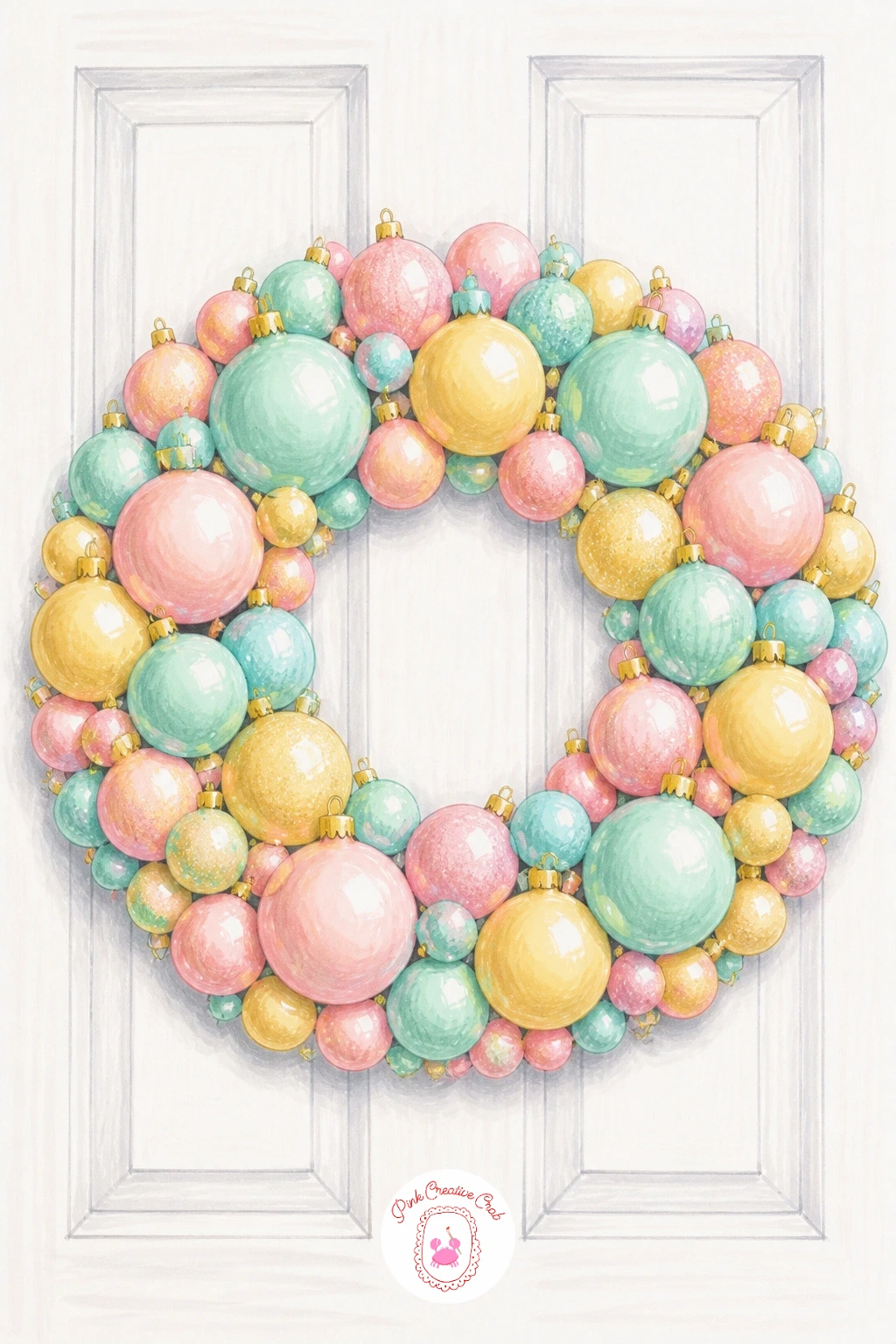 Pastel Bauble Wreath on White Door — Start with a pastel bauble wreath, the easiest entry on this list and a good warm up for your marker hand. Christmas