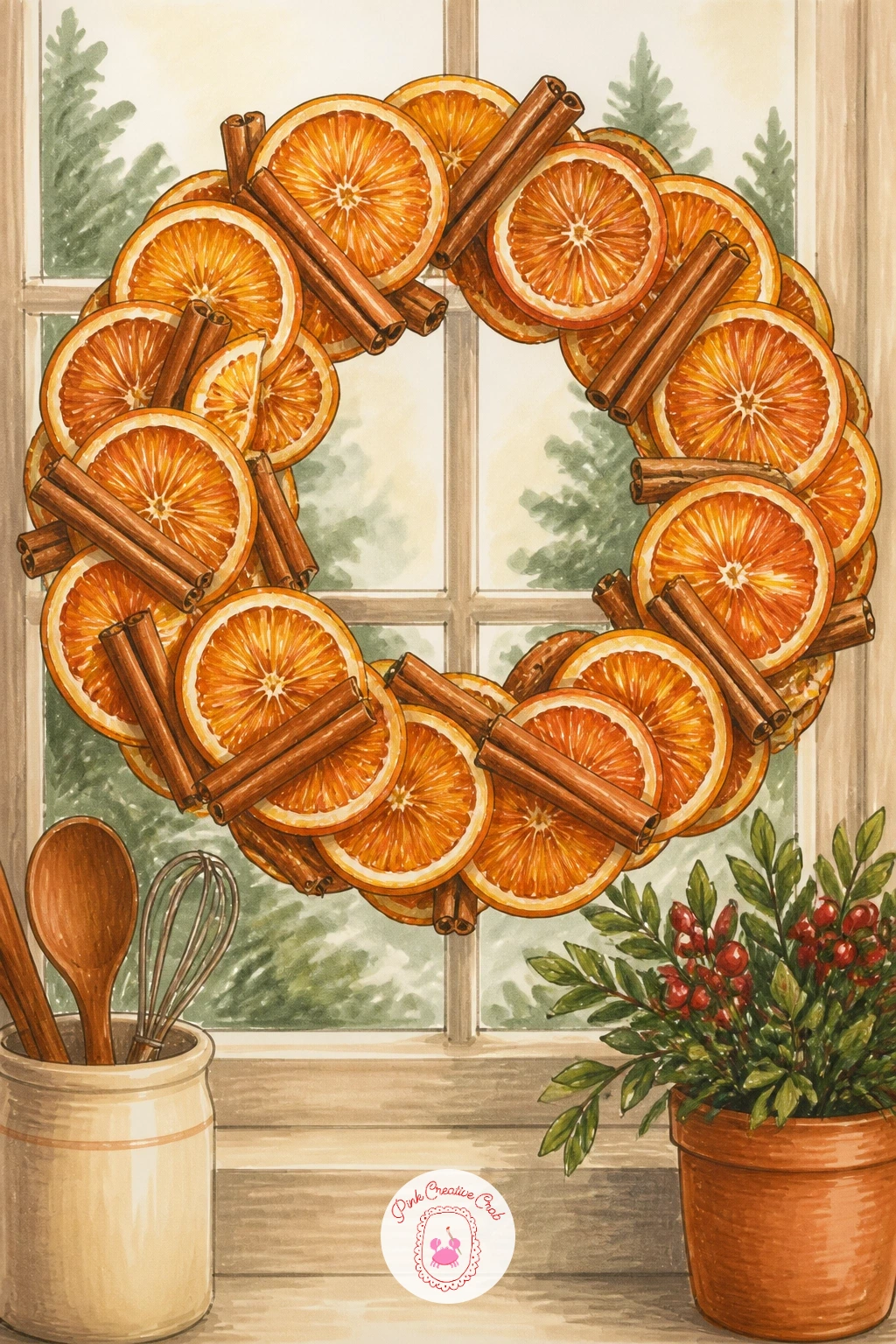Dried Orange and Cinnamon Wreath in a Kitchen Window — Move from baubles to a dried orange and cinnamon wreath, which leans on marker blending more than line
