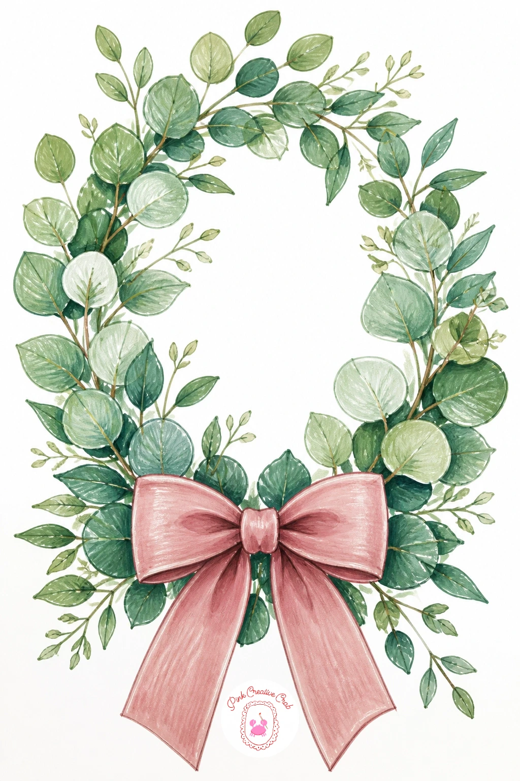 Eucalyptus Wreath with a Blush Velvet Bow — Give your pencil hand a break from circles with a eucalyptus wreath, built from leaf shapes instead. Christmas