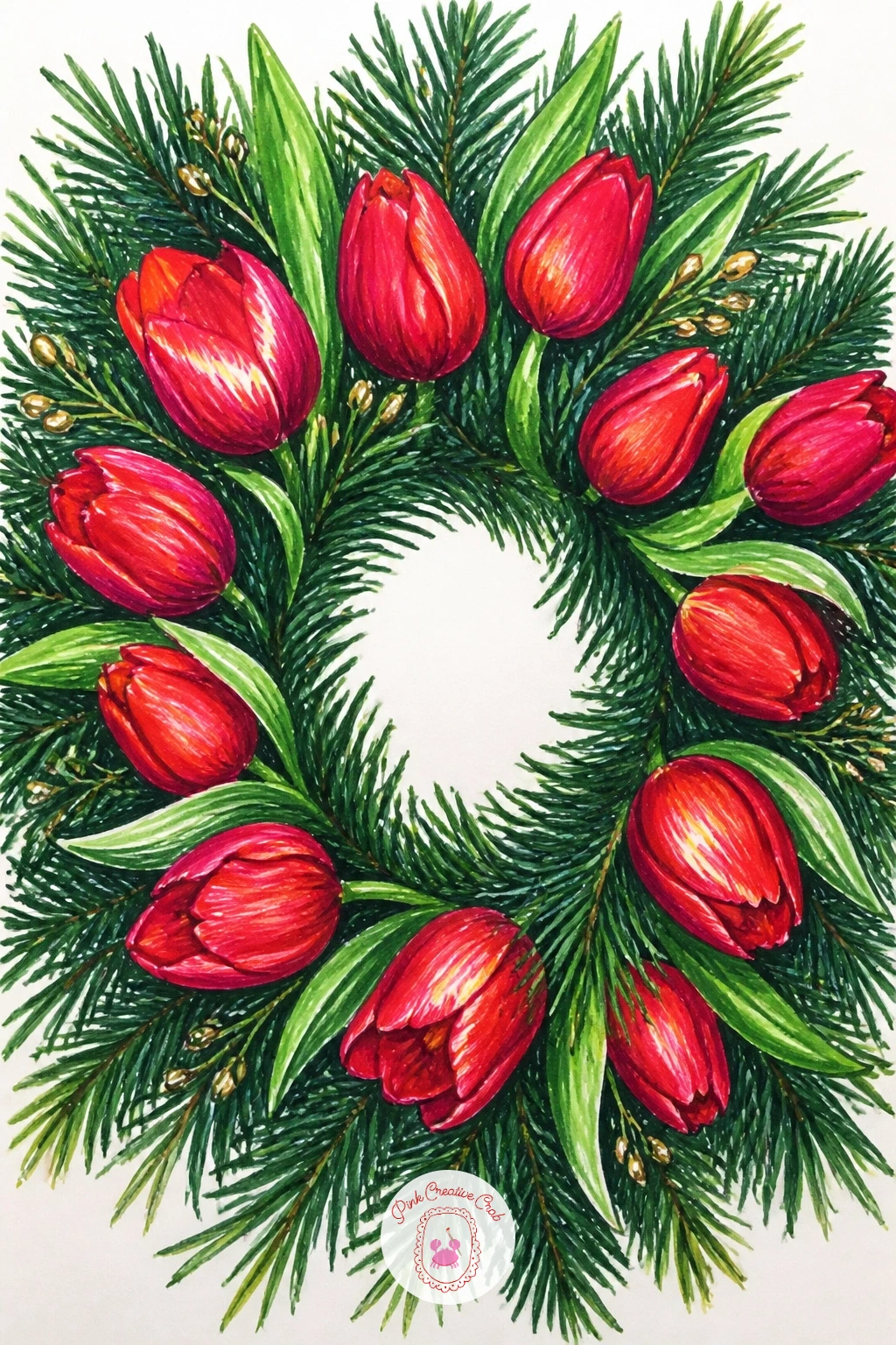 Red Tulip and Pine Wreath — Trade the expected holly for a red tulip and pine wreath, a nice surprise for anyone scrolling past the usual designs. Christmas