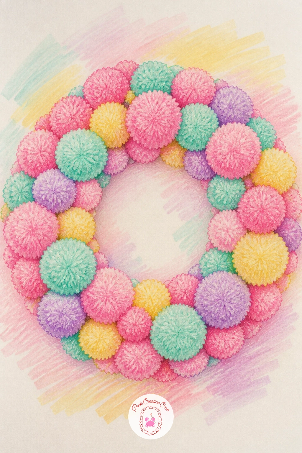 Candy Colored Pom Pom Wreath — Loosen up with a pom pom wreath in candy colors, which is mostly about texture rather than accurate shape. Christmas wreath