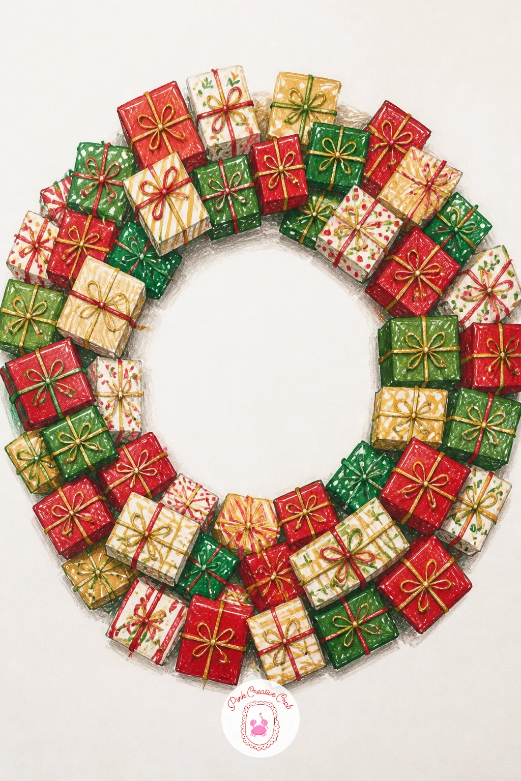 Tiny Wrapped Presents Wreath — Build a wreath made of tiny wrapped presents next, which is really an exercise in drawing small boxes at different angles.