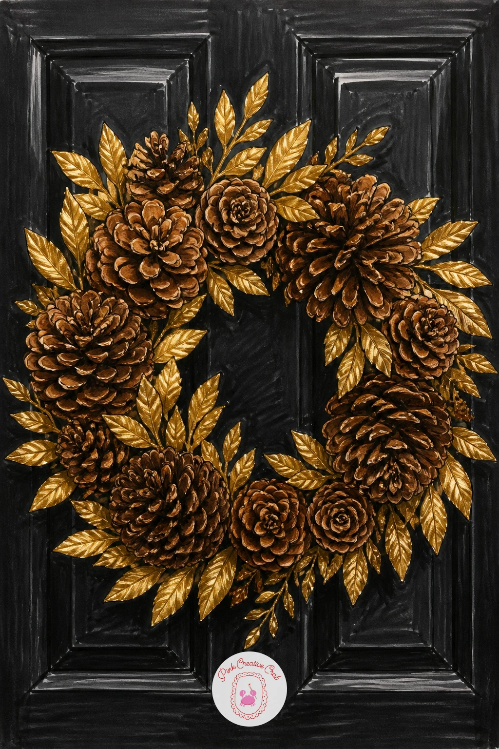 Pine Cone and Gold Leaf Wreath on a Black Door — Switch to drama with a pine cone and gold leaf wreath set against a black door, which teaches a useful lesson