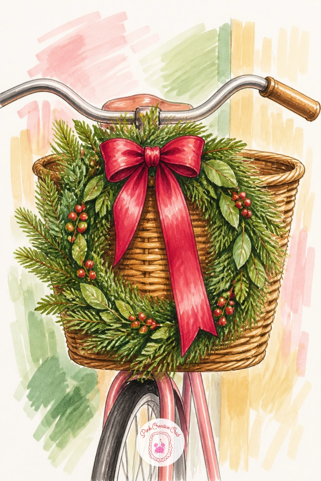 Wreath on a Bicycle Basket — Give the wreath a little story by hanging it on a bicycle basket instead of a door. Christmas wreath drawing