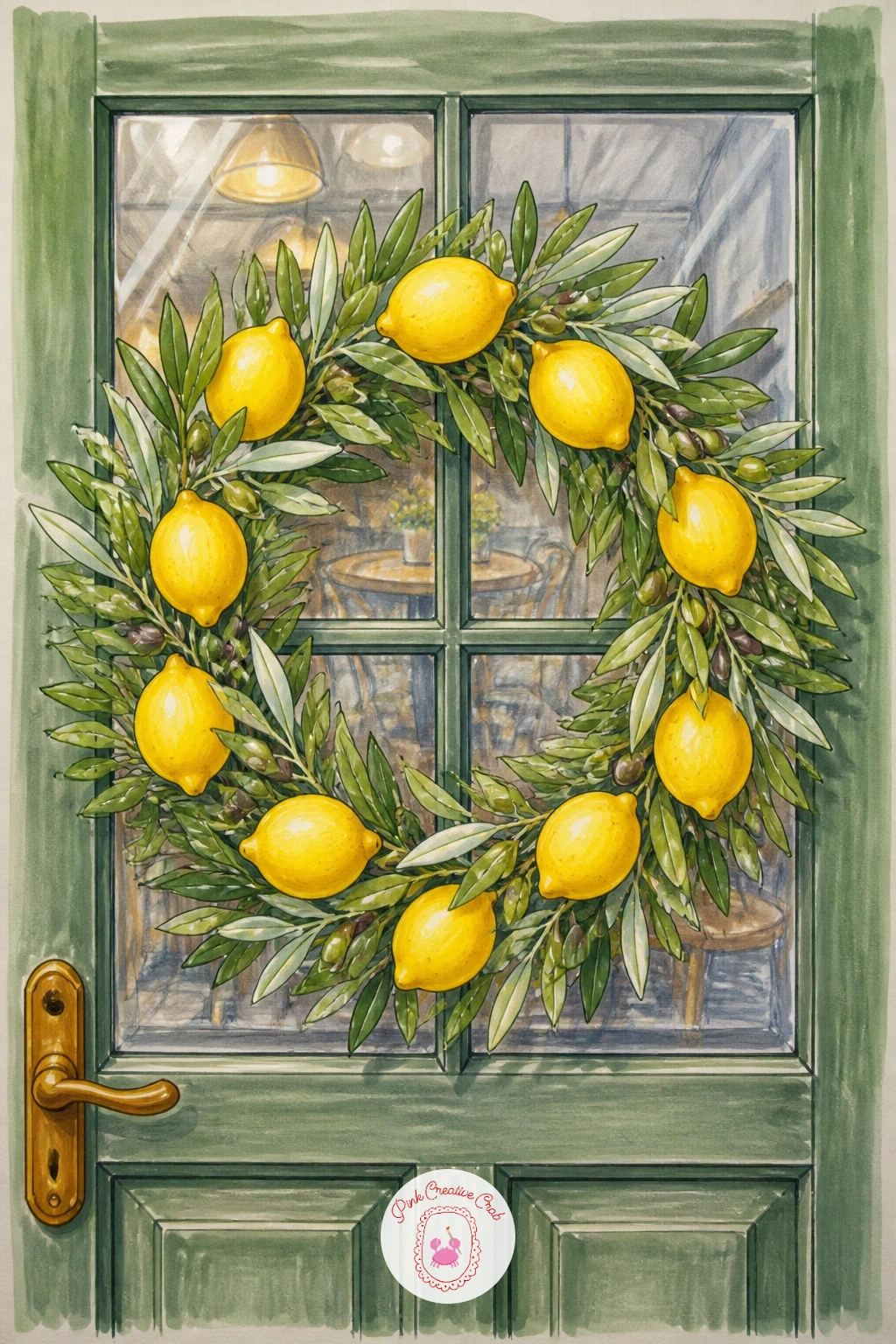 Lemon and Olive Leaf Wreath on a Café Door — Bring in some Mediterranean brightness with a lemon and olive leaf wreath, a nice contrast to all the deep greens