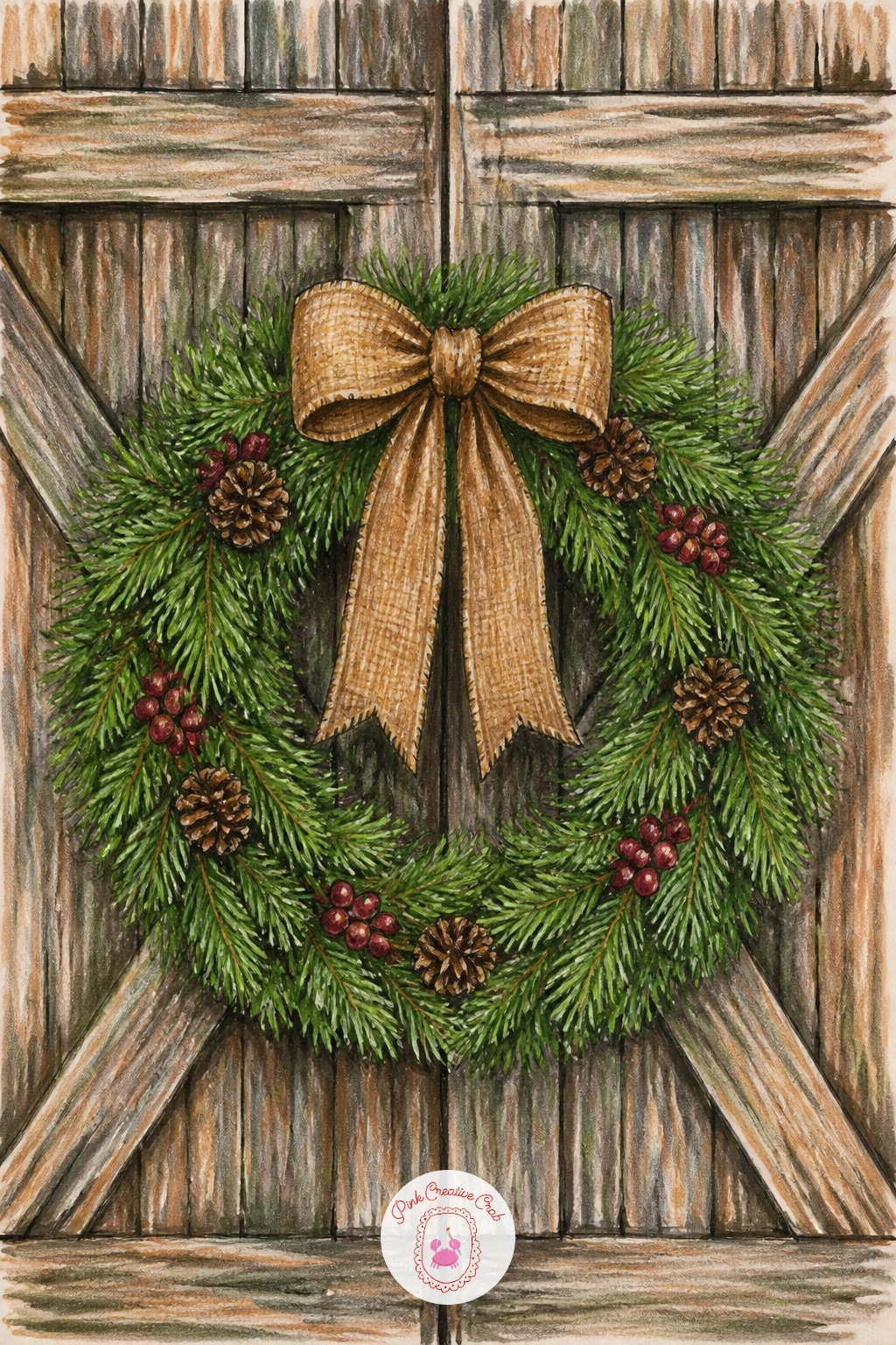 Wreath on a Horse Barn Door — Carry that rustic feeling further with a wreath hung on a horse barn door, built from weathered wood and a simple mixed-greenery