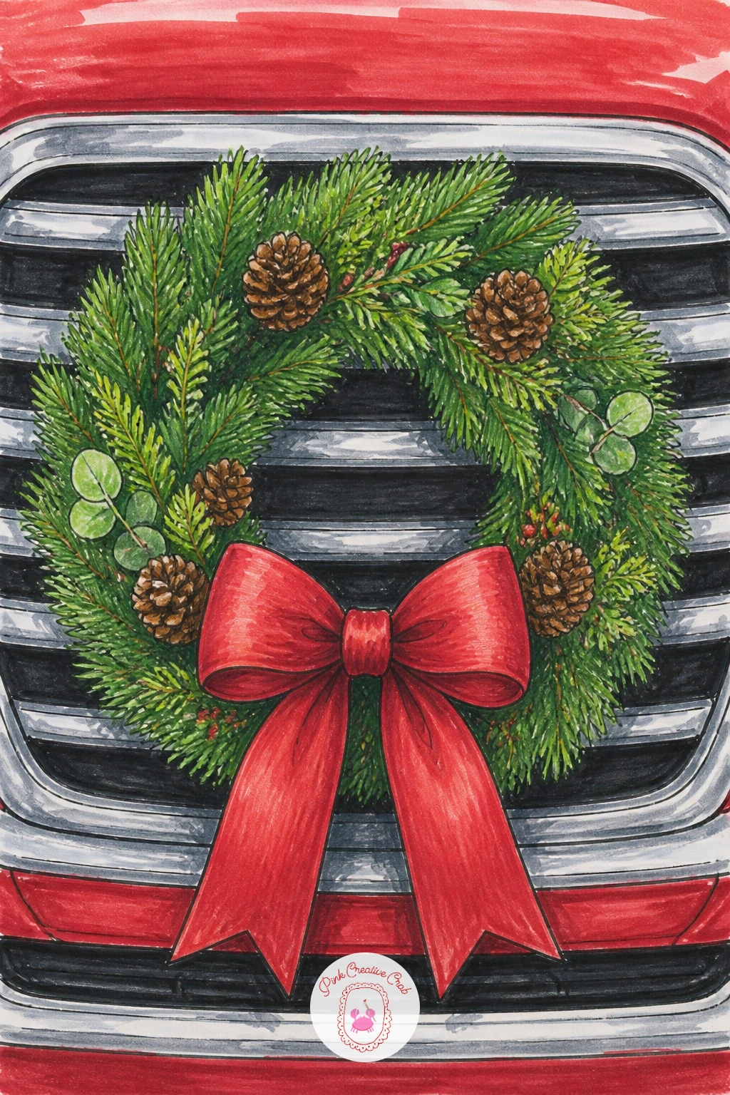 Wreath on a Car Grille — Have some fun with scale and draw a wreath on a car grille, a cheerful holiday card tradition rendered in colored pencil. Christmas