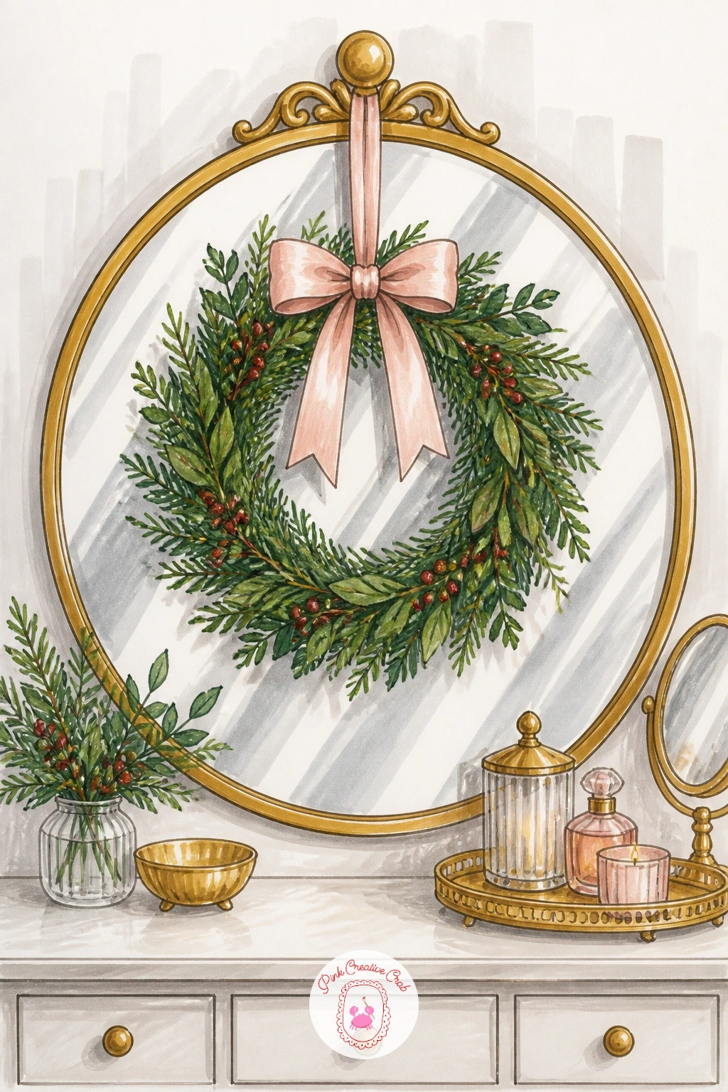 Wreath on a Mirror Over a Vanity — Carry the wreath into an interior scene with one hung on a mirror over a vanity, a nice chance to practice drawing a
