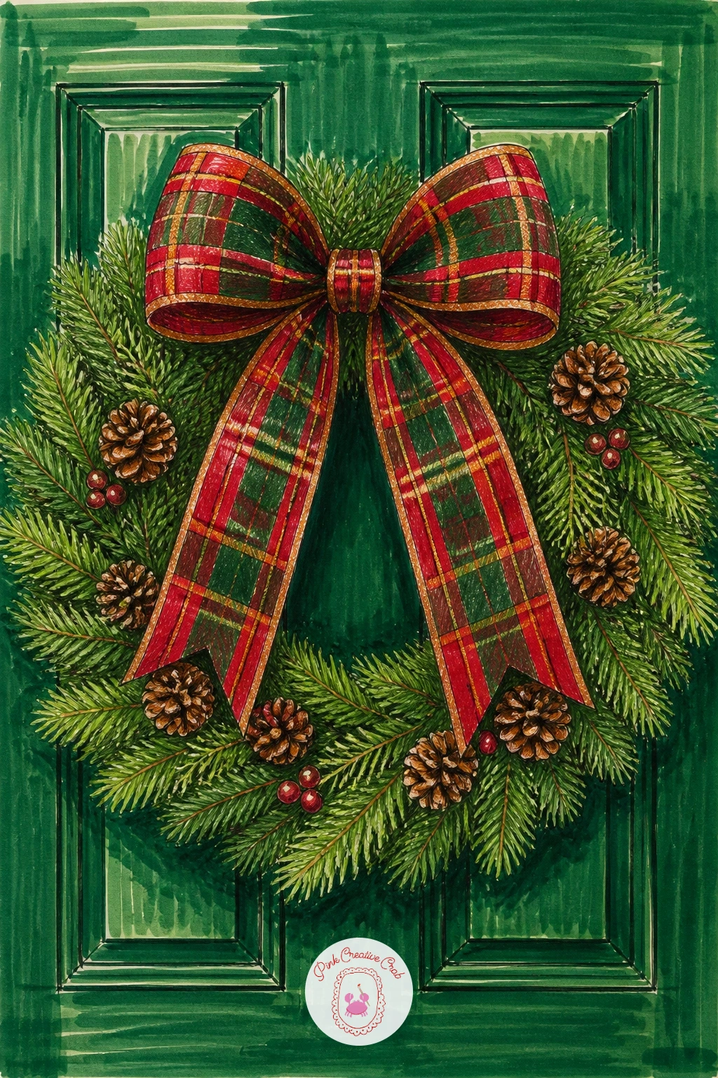 Tartan Ribbon Wreath on a Green Door — Bring in pattern with a tartan ribbon wreath on a green door, where the ribbon plaid is the real technical challenge.