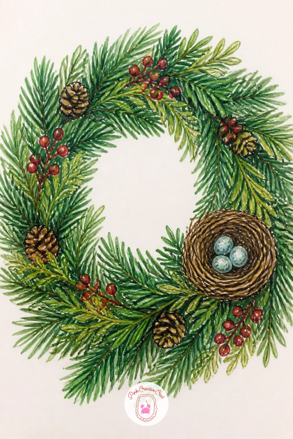 Wreath with a Tiny Bird Nest — Add a small story to a plain greenery wreath by tucking a tiny bird nest into one side of it. Christmas wreath drawing