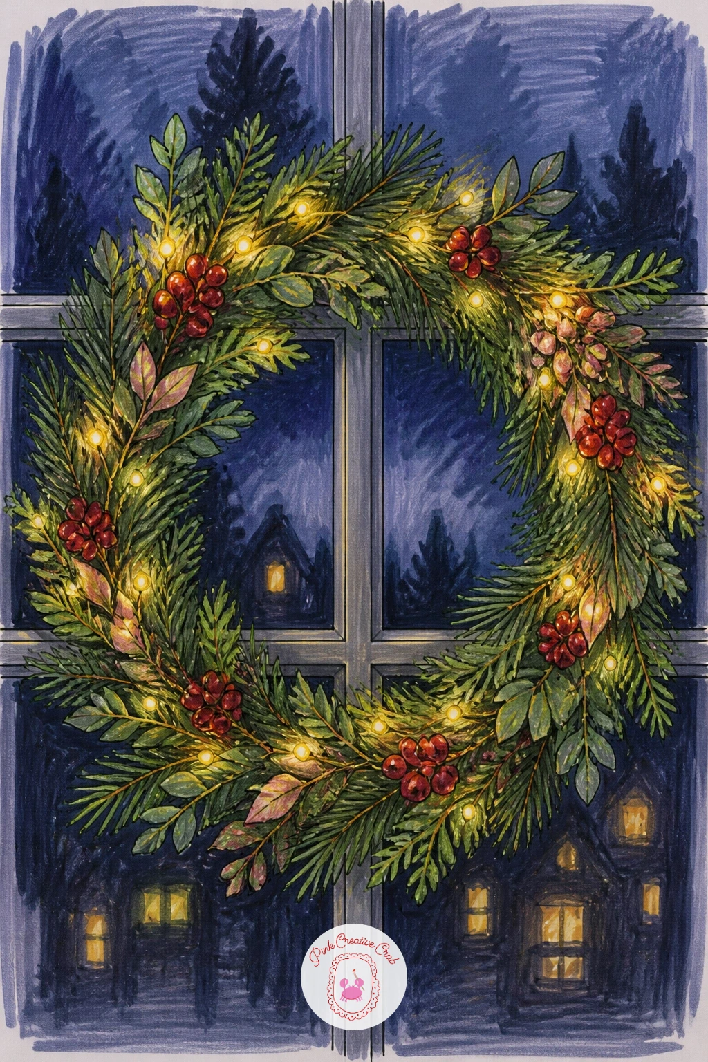Fairy Light Wreath in a Window — Light things up with a fairy light wreath seen glowing in a window at dusk. Christmas wreath drawing