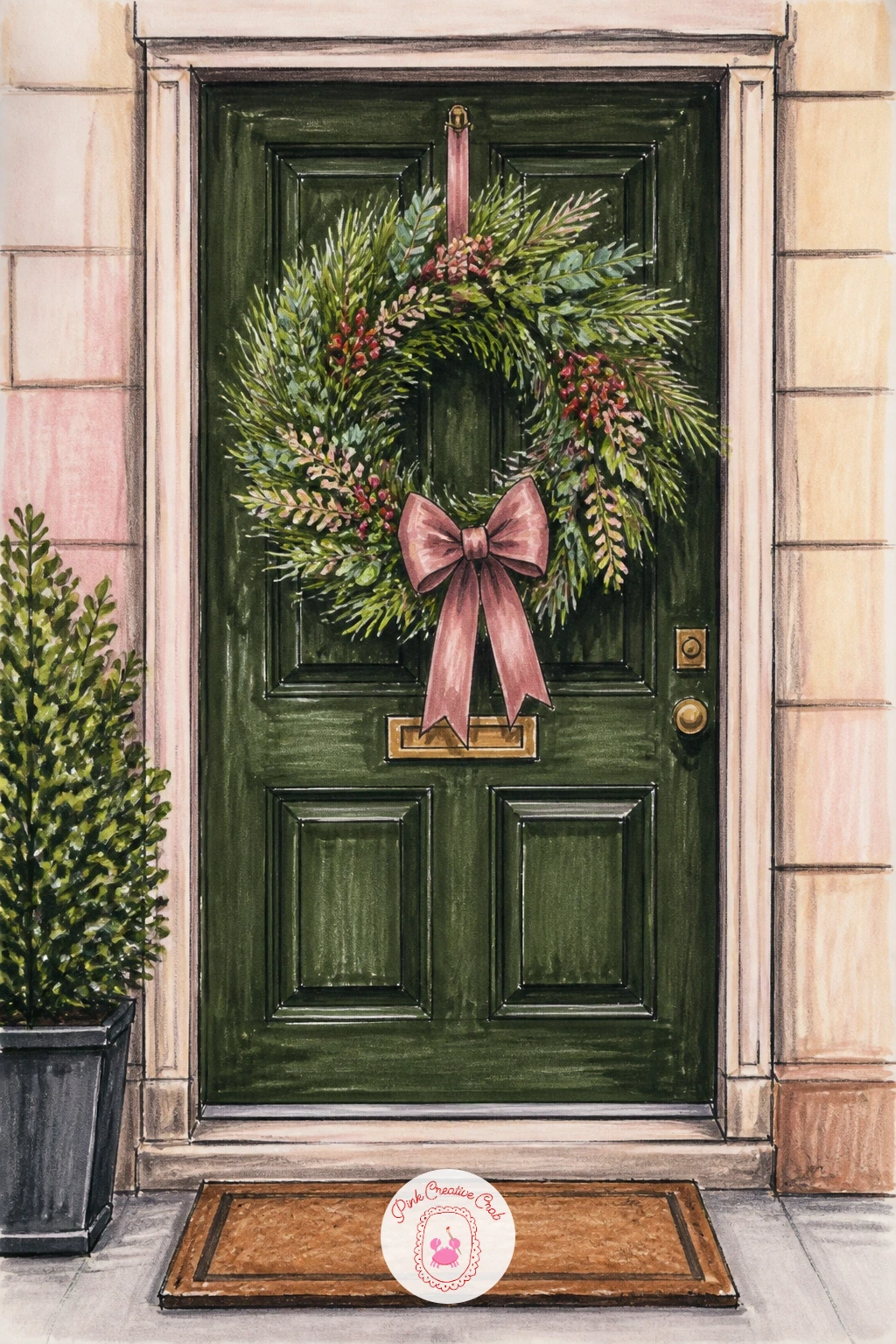 Wreath on a City Apartment Door with a Welcome Mat — Finish the list the way it started, on a door, but bring in a little urban context with a wreath on a city