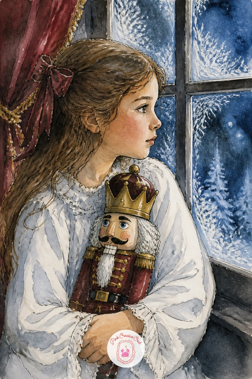 Clara by the Window — Bring in the story itself with Clara holding a nutcracker by the window, a quieter scene that leans on a cold winter light rather than a
