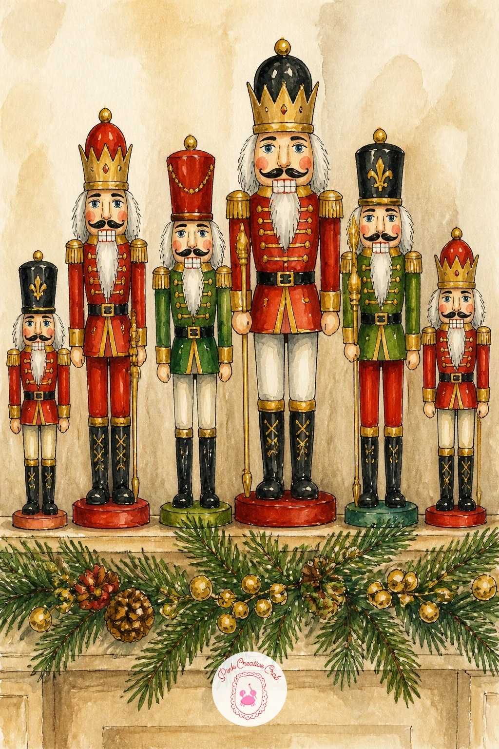 Mantel Row of Nutcrackers — Slow the pace down with a row of nutcrackers on a mantel with garland, a satisfying scene built from repeating the soldier shape
