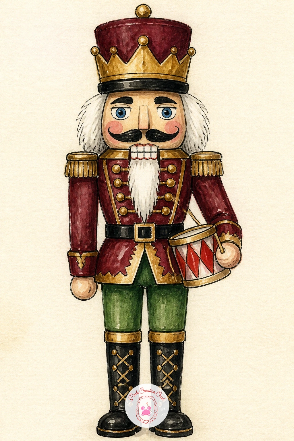 Nutcracker With a Tiny Drum — Return to the soldier figure with a nutcracker holding a tiny drum, a small prop that adds personality without complicating the