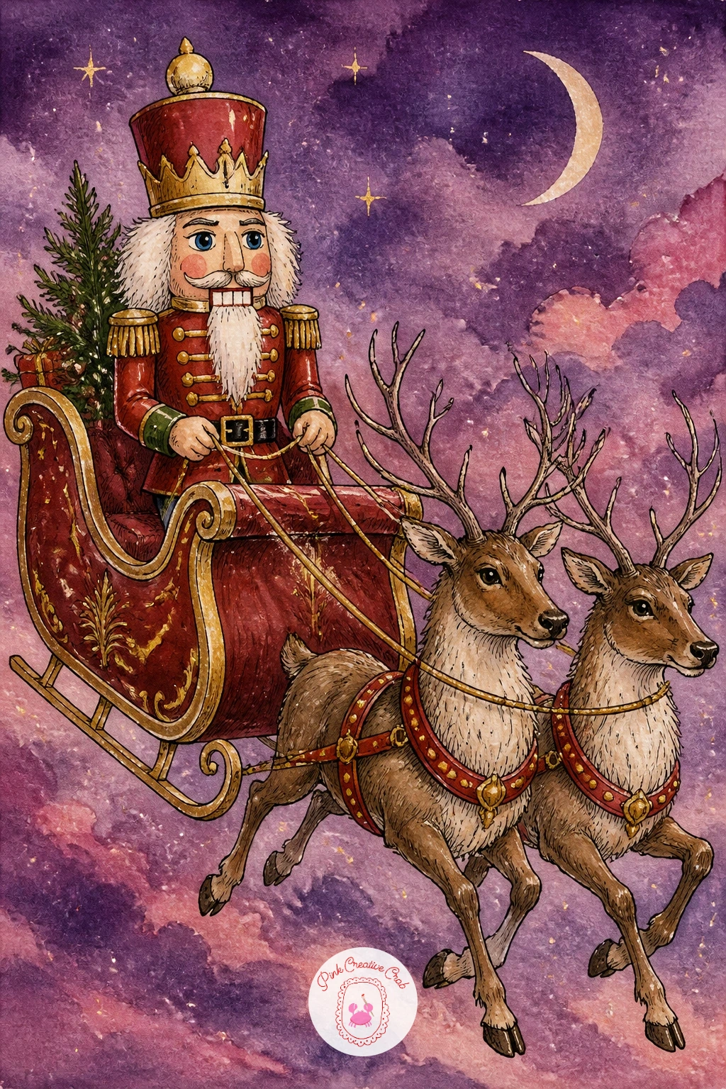 Nutcracker Sleigh With Reindeer — Widen the page for a nutcracker sleigh pulled by reindeer, the first full landscape-style scene in the list and a good one to