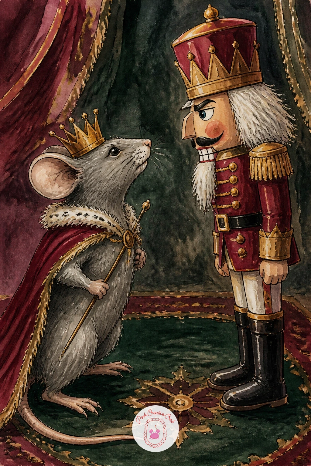 Mouse King Facing the Nutcracker — Bring in the story's conflict with a mouse king facing a nutcracker on the rug, a two-figure standoff that asks for a bit