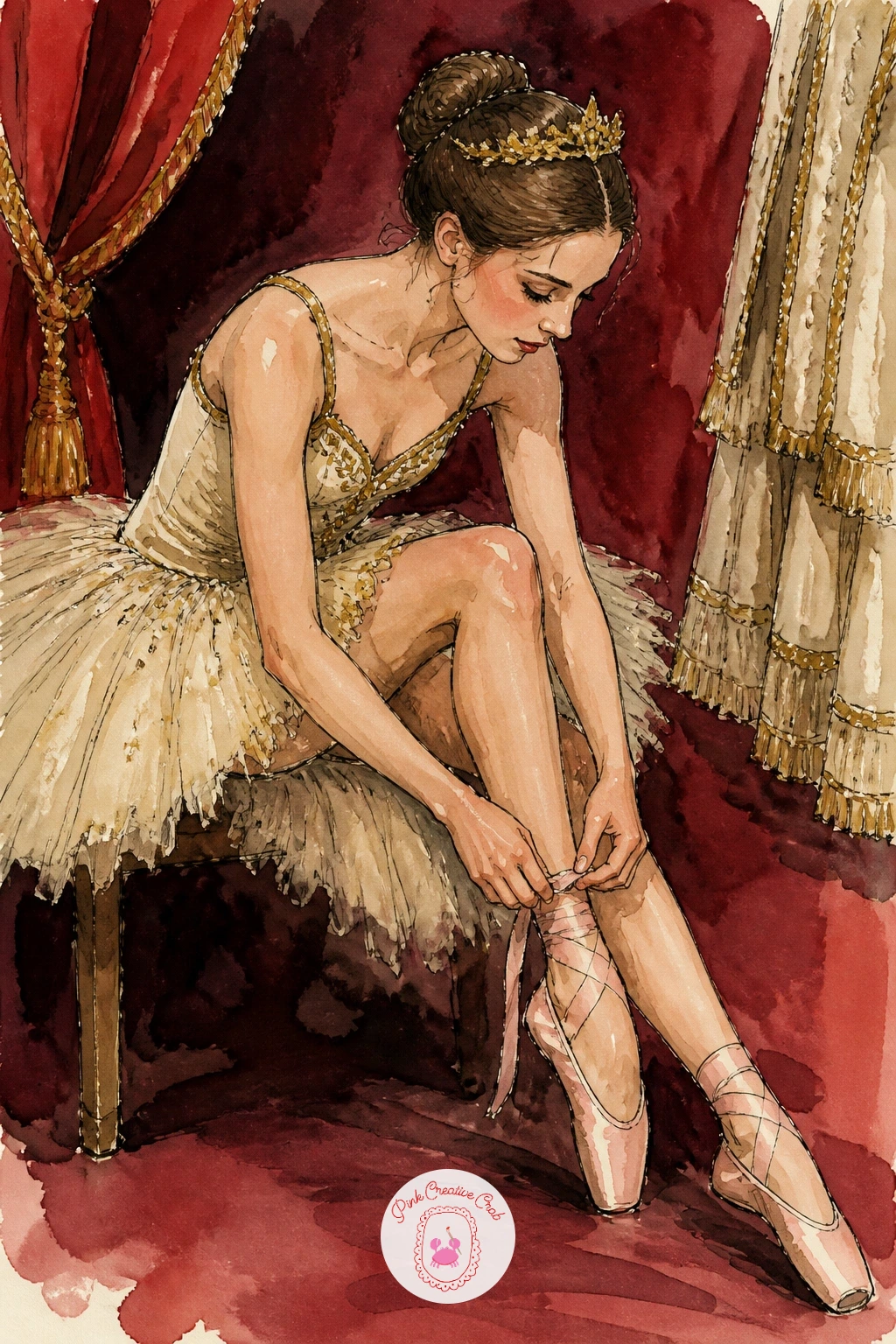 Ballerina Tying Pointe Shoes Backstage — Slow back down with a ballerina tying her pointe shoes backstage, a quieter character moment that sits well after the