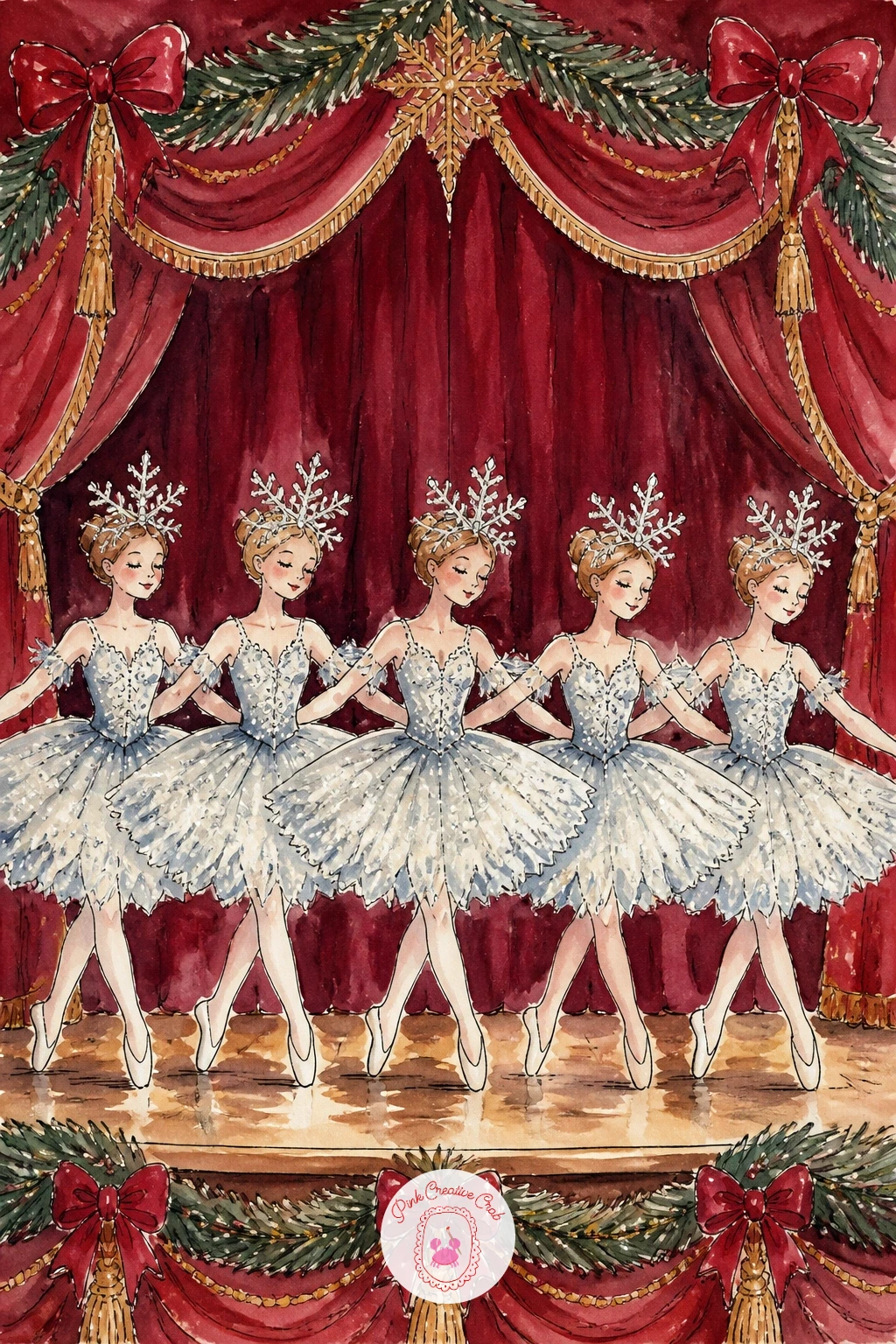 Snowflake Dancers on Stage — Widen out again for snowflake dancers on a stage, a group scene that works well once you accept the dancers can be fairly simple